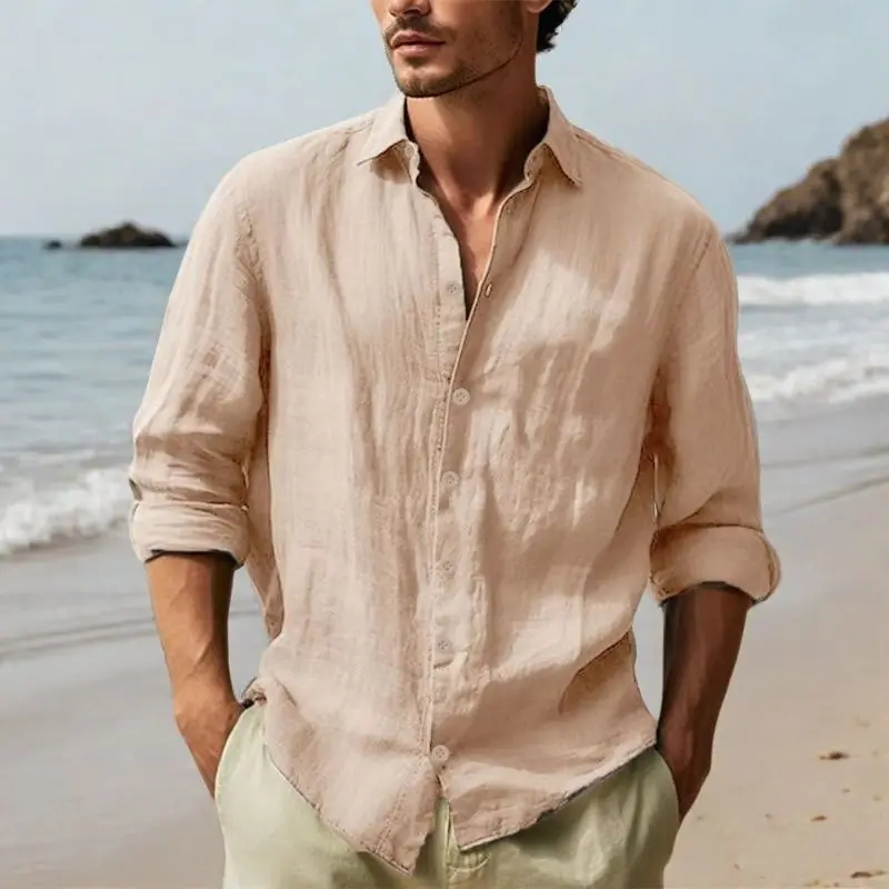 New cotton linen long-sleeved shirt lapel solid colour holiday style shirt lightweight breathable shirt casual men's clothing