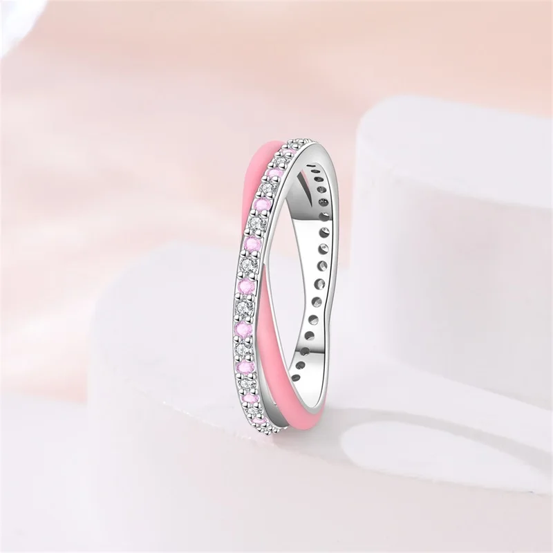 

New Original 925 Sterling Silver Pink Interweaving Ring For Women Fit Valentine's Day Wedding Party Jewelry Gift