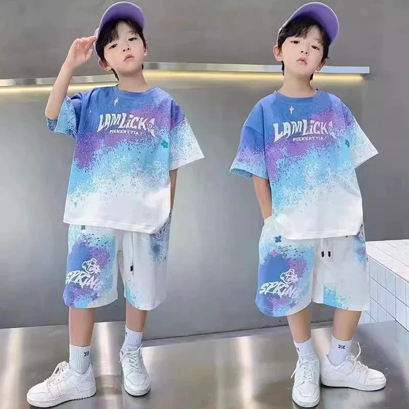 Boys Clothes Sets Teenager Summer Short-sleeved Suit New children's Gradient T-shirt+shorts 2Pcs Outfits Kids Casual Sports Set