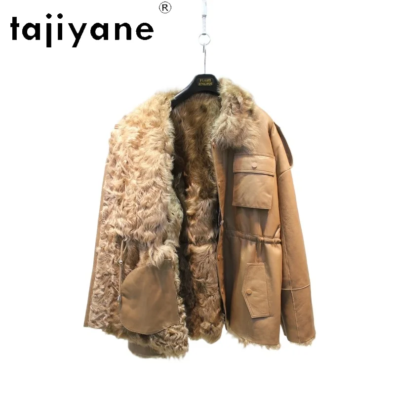 TAJIYANE Soft Huyang Lamb Shearling Real Fur Coat Women Mid Length Overcoat Cargo Outerwear Oversized Fur Jacket Streetwear Шуба