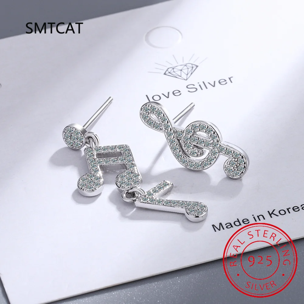 925 Sterling Silver Fashion Shiny Zircon Exquisite Music Note Stud Earrings Women Romantic Charm Christmas Party Jewelry