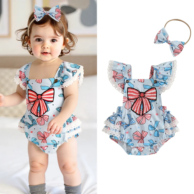 FOCUSNORM 2pcs Lovely Baby Girls Independence Days Romper 0-18M Lace Flutter Sleeve Bow Embroidery Layered Hem Jumpsuit Headband