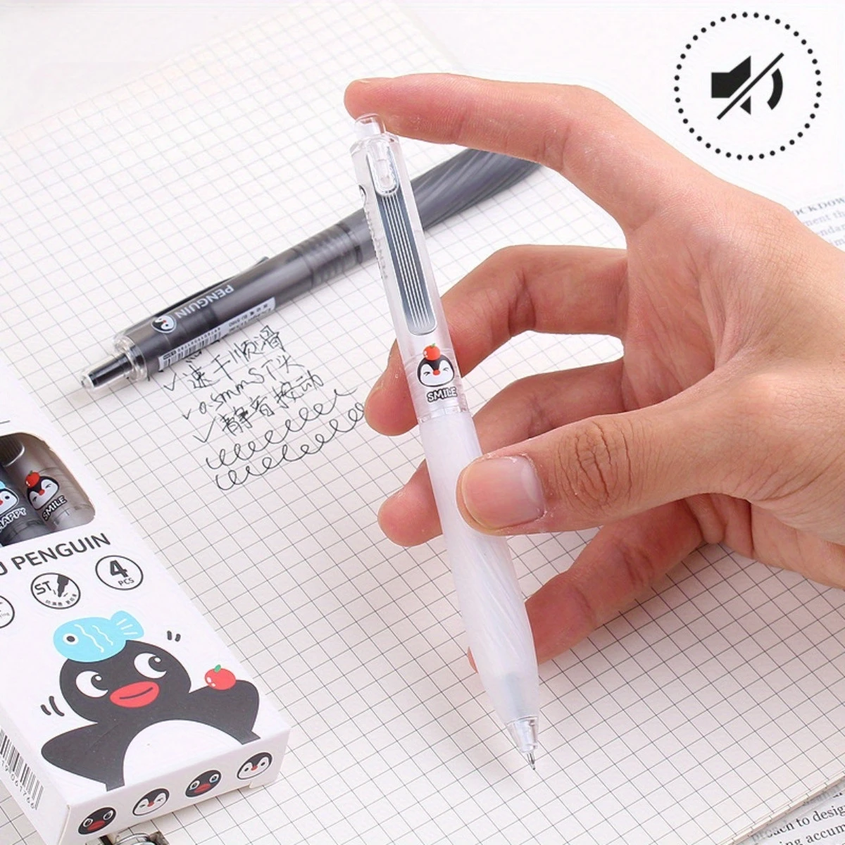 4pcs Black Ink Gel Pen，Penguin Pattern Design with Metal Clip, Smooth Writing, Durable and Comfortable for Office and Study Use