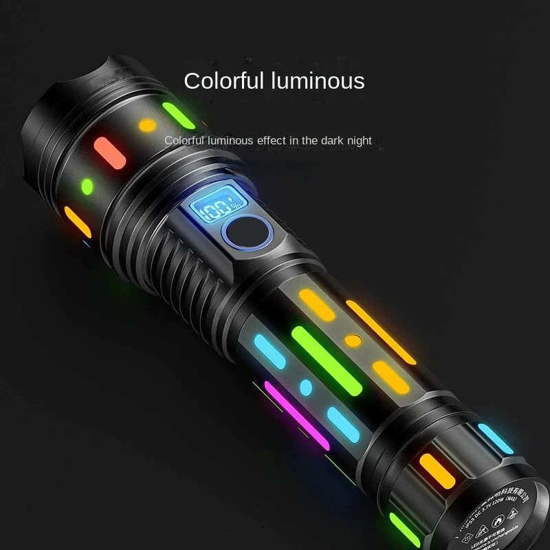 High-power Bright Flashlight With Fluorescent Absorbing Film Luminous Colorful Tactical Torch Power Display Type-C Rechargeable