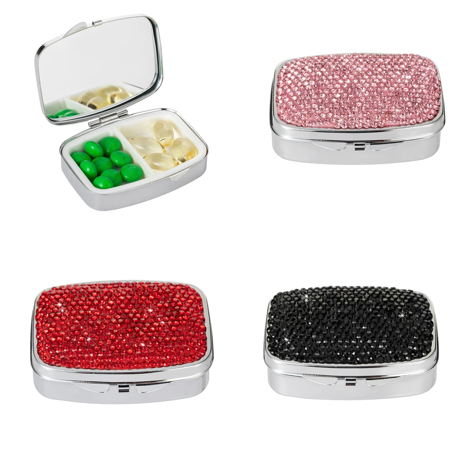 1pcs Portable 2 Compartments Daily Pill Organizer, Bling Crystal Diamond Pill Box,Pill Dispenser,Container Organizer To Fish Oil