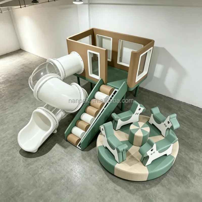 Green&Neutral Indoor Soft Playground House Kids Spiral Slide Climb Play With Carousel Ride | for Play Cafe Mall Party Age 1-8