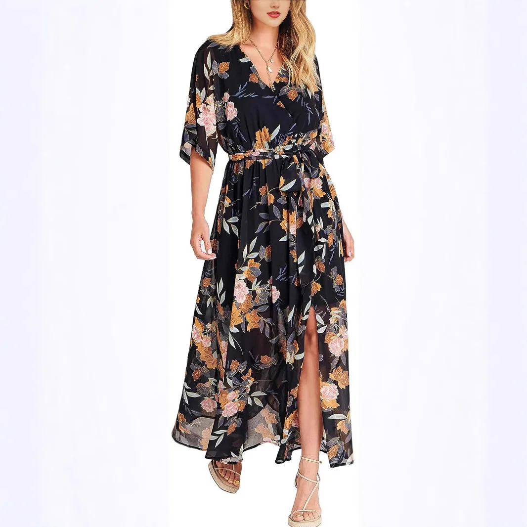 

women's V-neck slit floral prints half sleeve Bohemian style Europe and America long dress