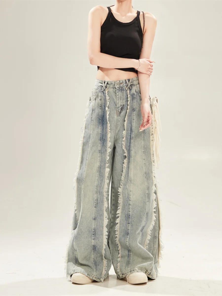 Wasteland Dune Wind Rough Splicing Straight Loose Mopping Jeans Women's American High Street Blue Wide Leg Pants Tide