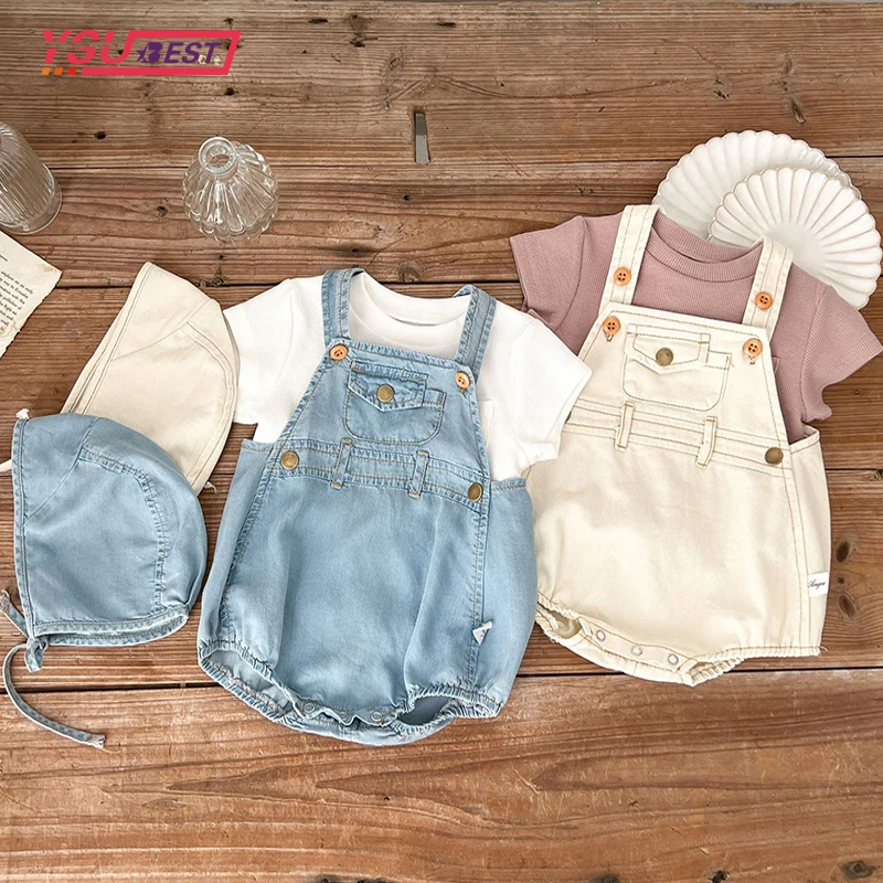 

Baby Girls Summer Denim Romper New Kids Clothes Baby Boy Girl Denim Suspender Romper + Hat Autumn 0-2Yrs Cotton Denim Jumpsui