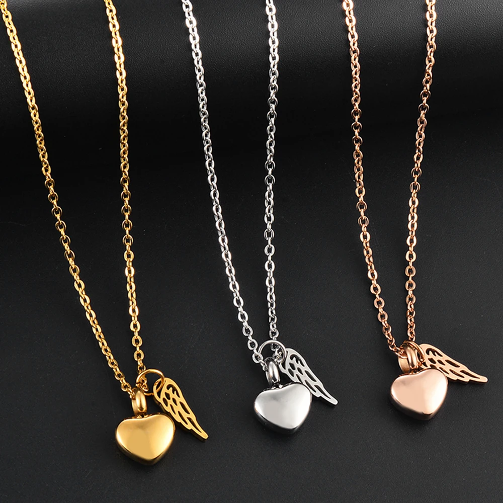 Stainless Steel Mini Angel Wing Love Heart Cremation Jewelry for Ashes Pendant Ash Holder Memorial Necklace Jewelry 3 Colors