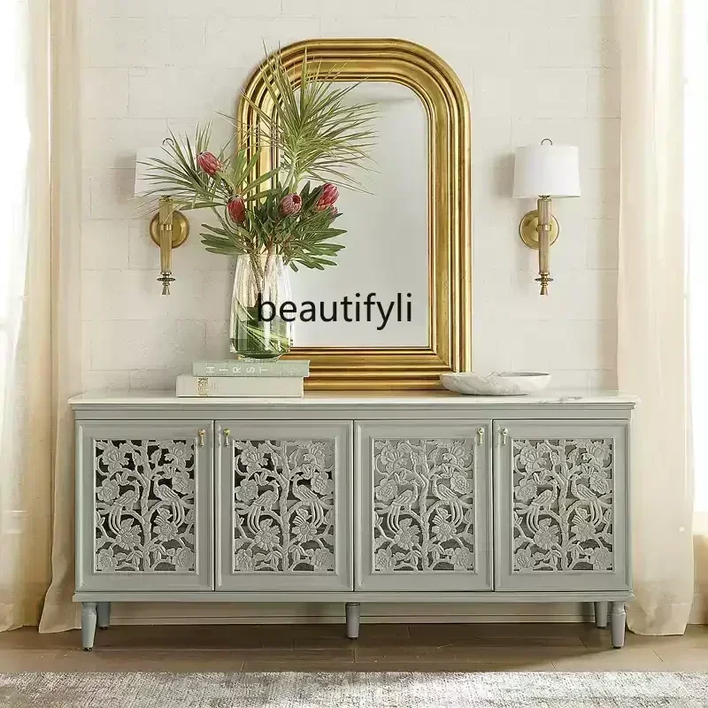 

American solid wood hollow carved dining side cabinet retro wine cabinet living room decorative entrance cabinet