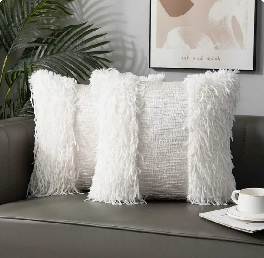 Modern Minimalist Two-Tone Spliced Cushion Cover Pink Shaggy Fringe Patchwork Throw Pillow Case for Sofa Living Room Bedroom