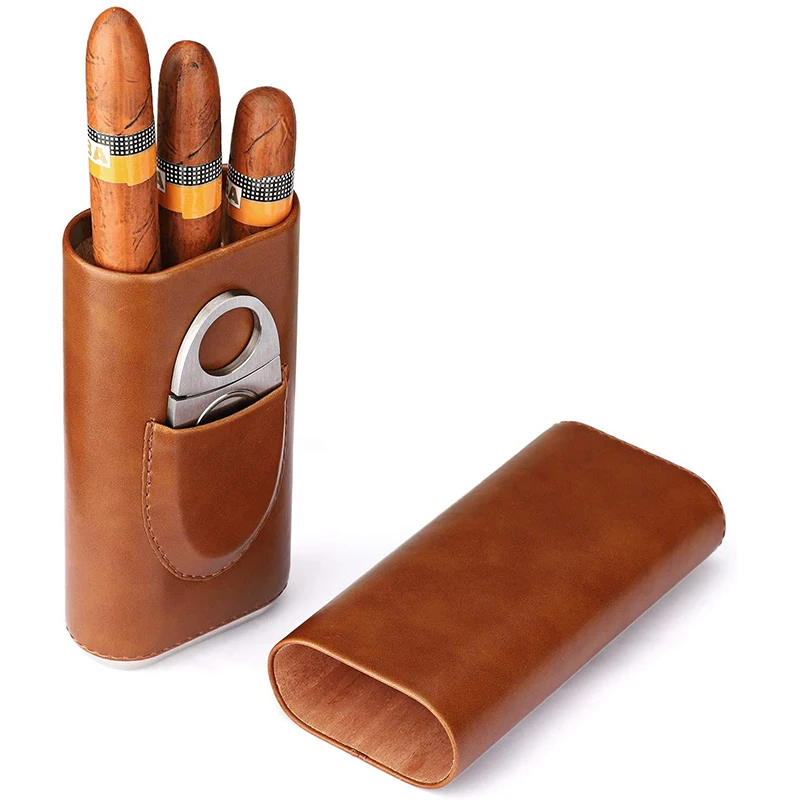 High Quality 3-Finger Humidors Portable Cigar Box Brown Cigar Cowhide Case with Cigar Cutter Retail