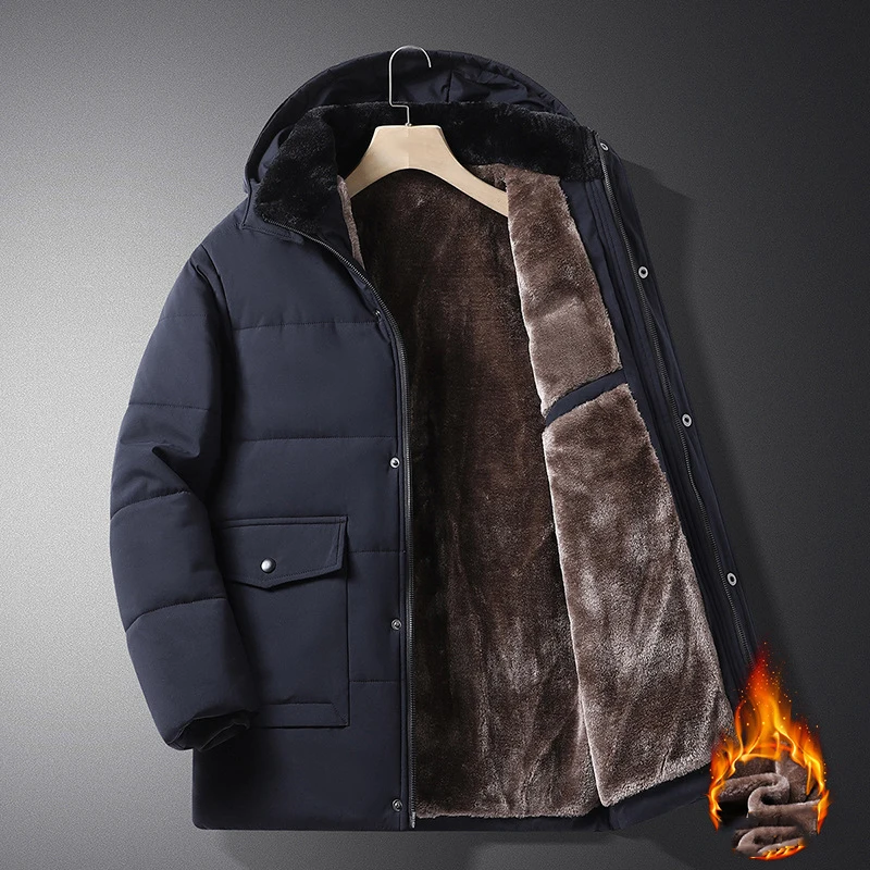 KIDWHXR Winter Men Thicken Fleece Jacket Stand Collar Hooded Parkas Coat Man Windproof Business Casual Male Outerwear 8XL