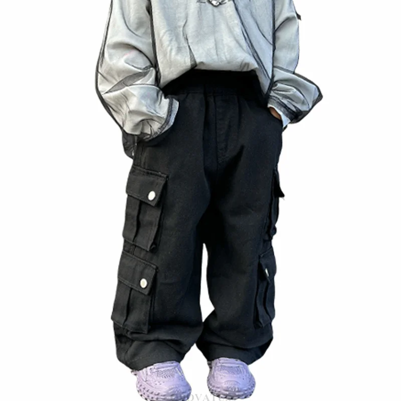 New Arrival Child Black Cargo Pants For Boys Casual Street Style Trousers With Pocket Kids Teenager Fashion Sweatpants Age 4-14Y