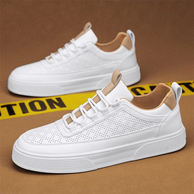 Men White Shoes Leather Casual Sneakers 2024 Trend Platform Shoes Comfortable Vulcanized Shoes for Men White Tenis Masculinos