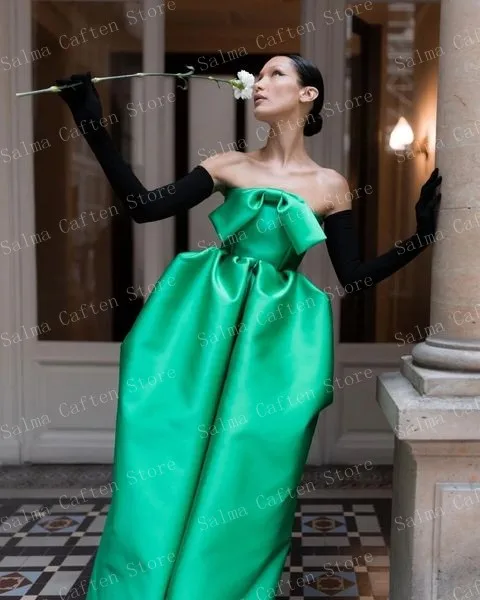 Green Satin Dress Puffy Strapless Women Clothes With Bow Floor Length Prom Dress Elegant Simple Evening Dresses Woman Party