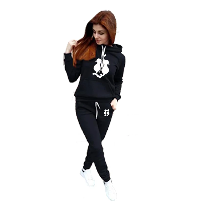 Winter New Cute Cat Love Women Sportsuits Two Piece Suits Hooded Sweatshirts Long Pants Fashion Sets