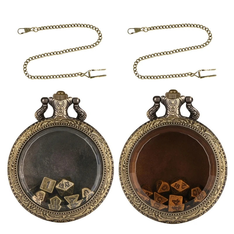 Polyhedral Dices Set with Pocket Watch Case Pocket Watch Case Chain for Gamers