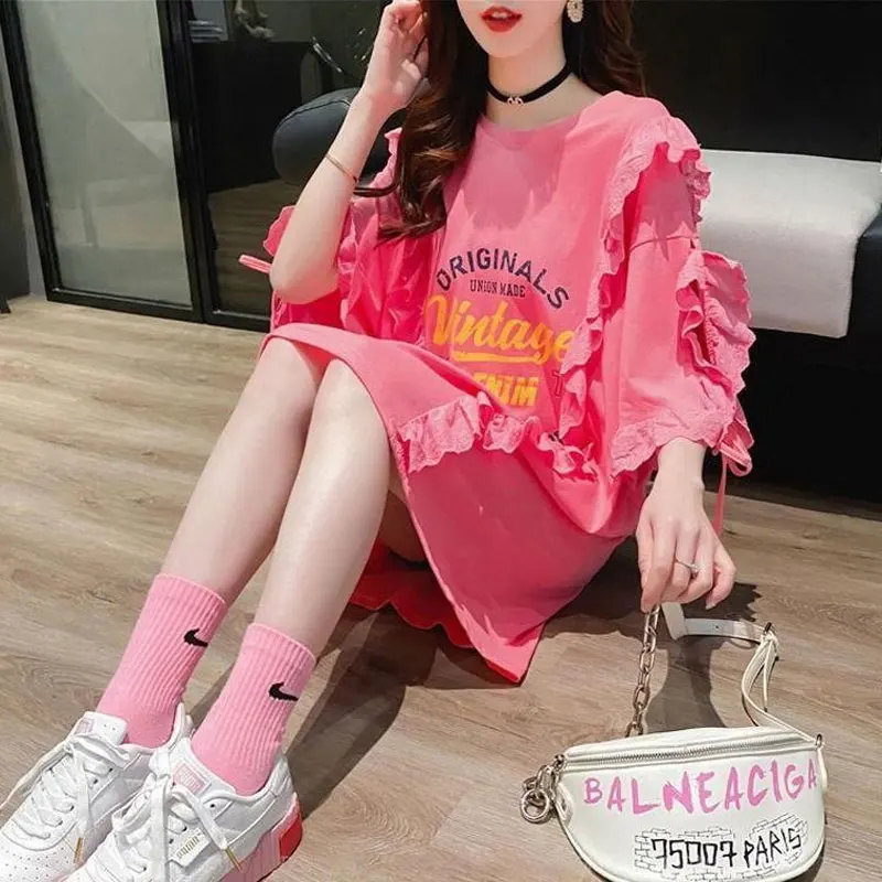 Commute Korean Letter Printed T-shirt Female Clothing Fashion Lace Patchwork Short Sleeve Summer Casual Loose O-Neck Pullovers