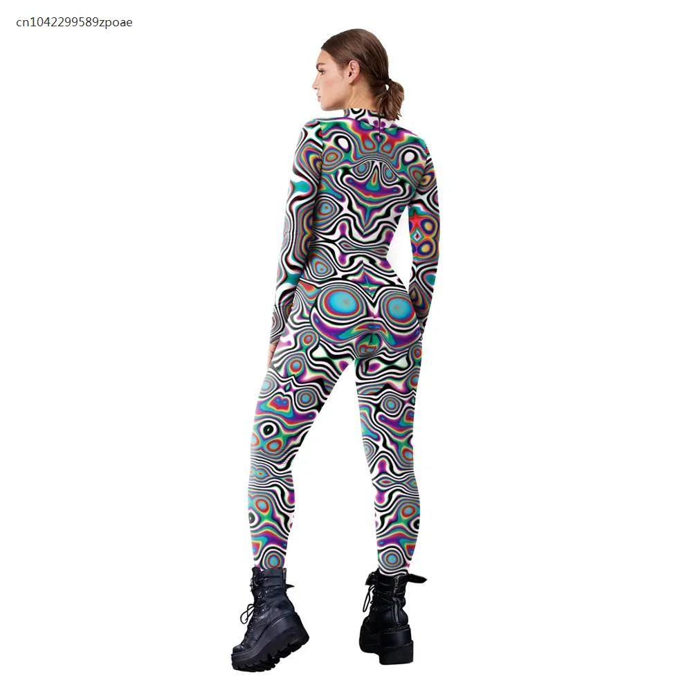 Mulheres em espiral 3D Print Cosplay Fantasias, Bodysuit Abertura Carnaval, Macacão Sexy Slim, Performance, Zentai, Festa Adulto, 2024