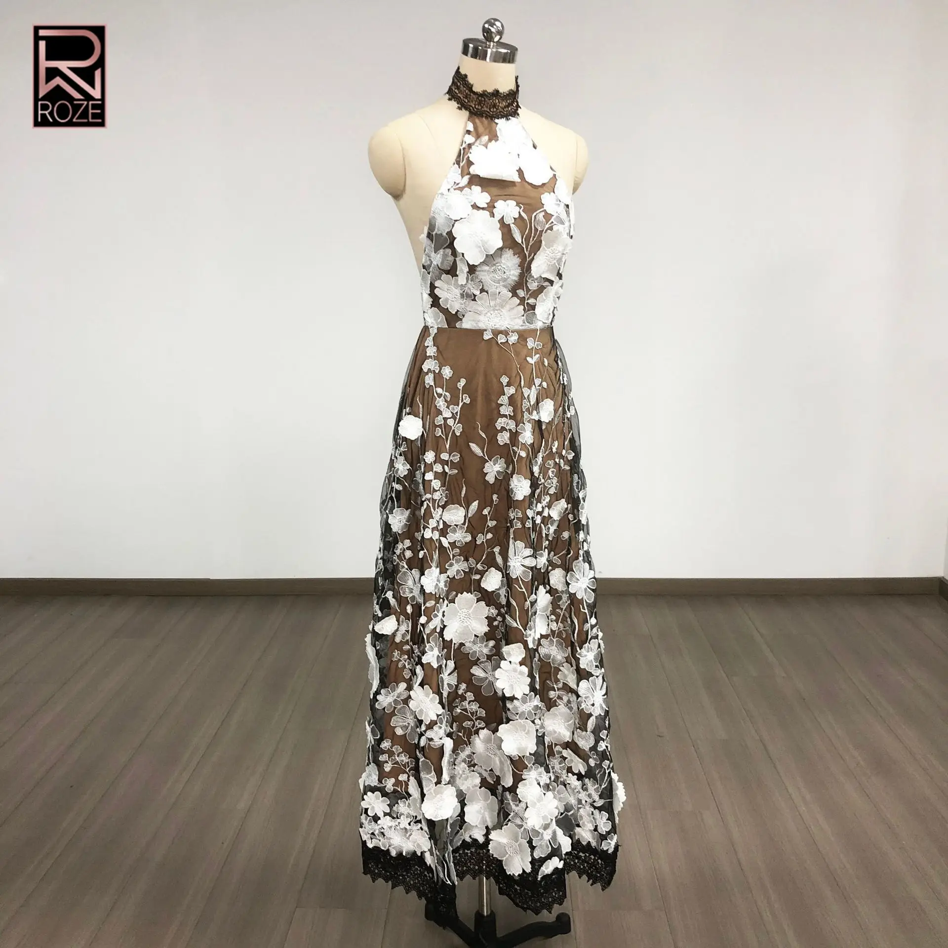 Robe dos nu florale collage – Robe dos ouvert et cintrée à la taille, robe d'ouverture de galerie