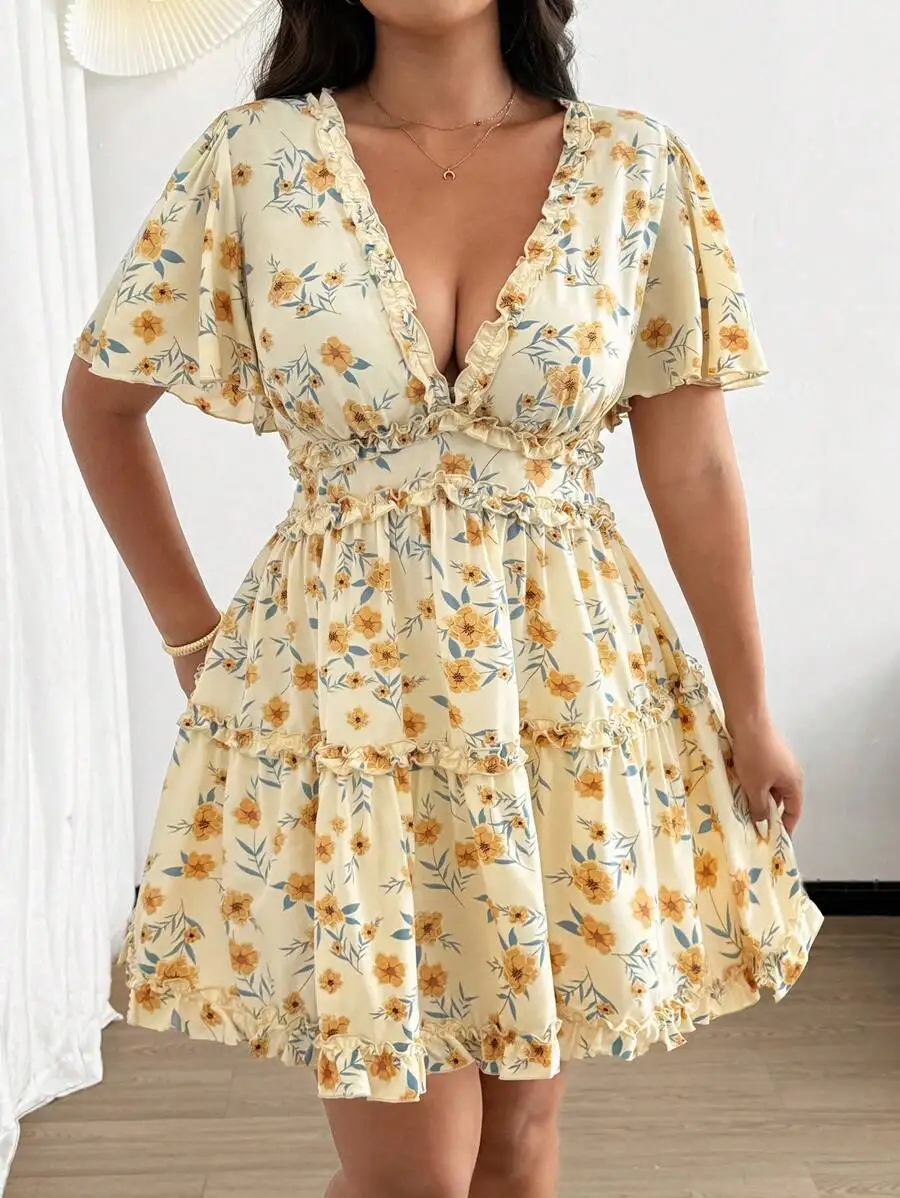 

Women Summer Chiffon Floral Print Ruffle Sleeve Mini Dress