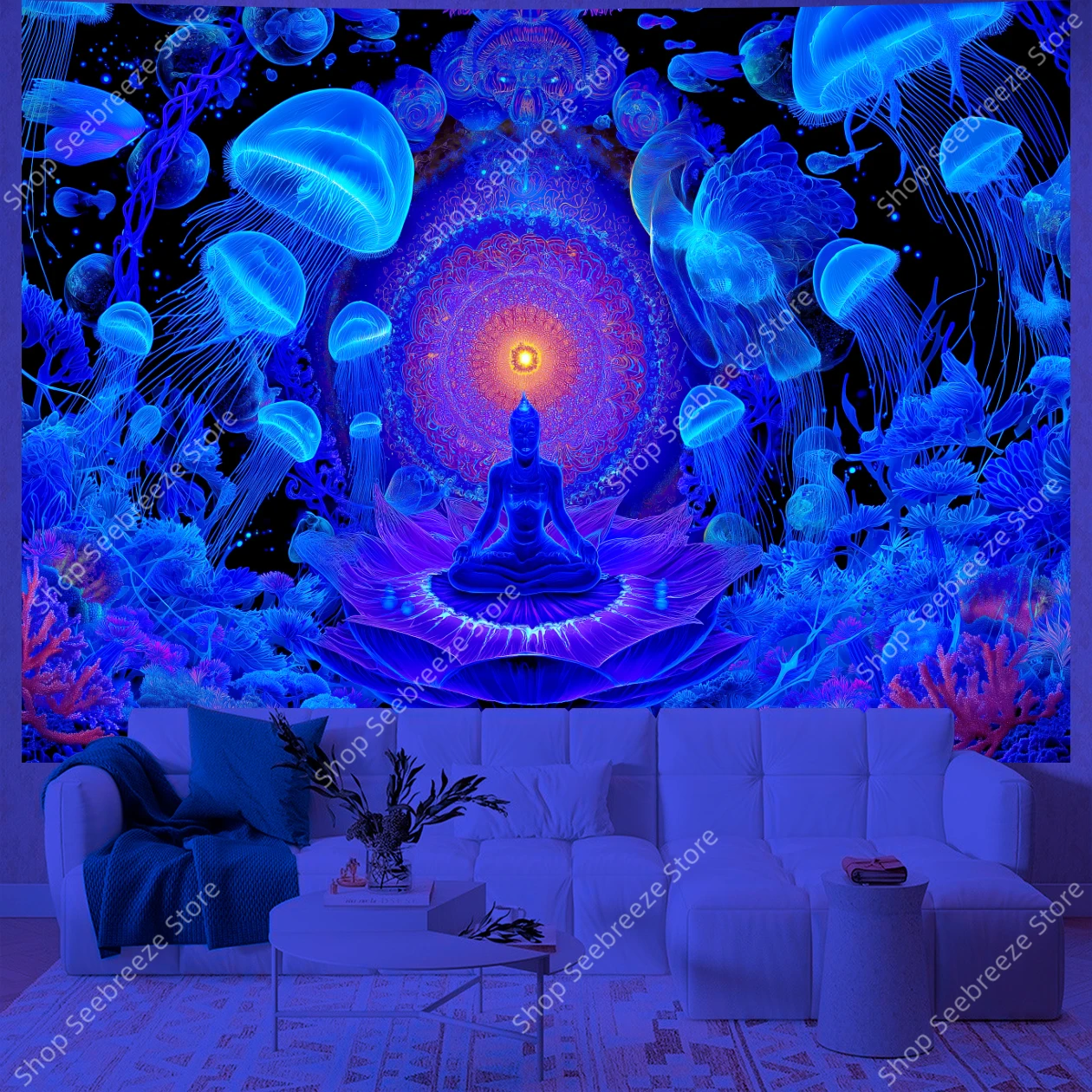 Glowing Jellyfish Buddha Meditation UV Tapestry with Lotus and Coral Mystical Yoga Room Bedroom Decor Boho Wall Hanging Art