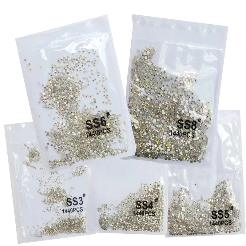 SS3-ss8 1440pcs 클리어 크리스탈 AB 골드 3D 비 핫픽스 플랫 백 네일 아트 라인 석 장식 신발 및 춤 장식