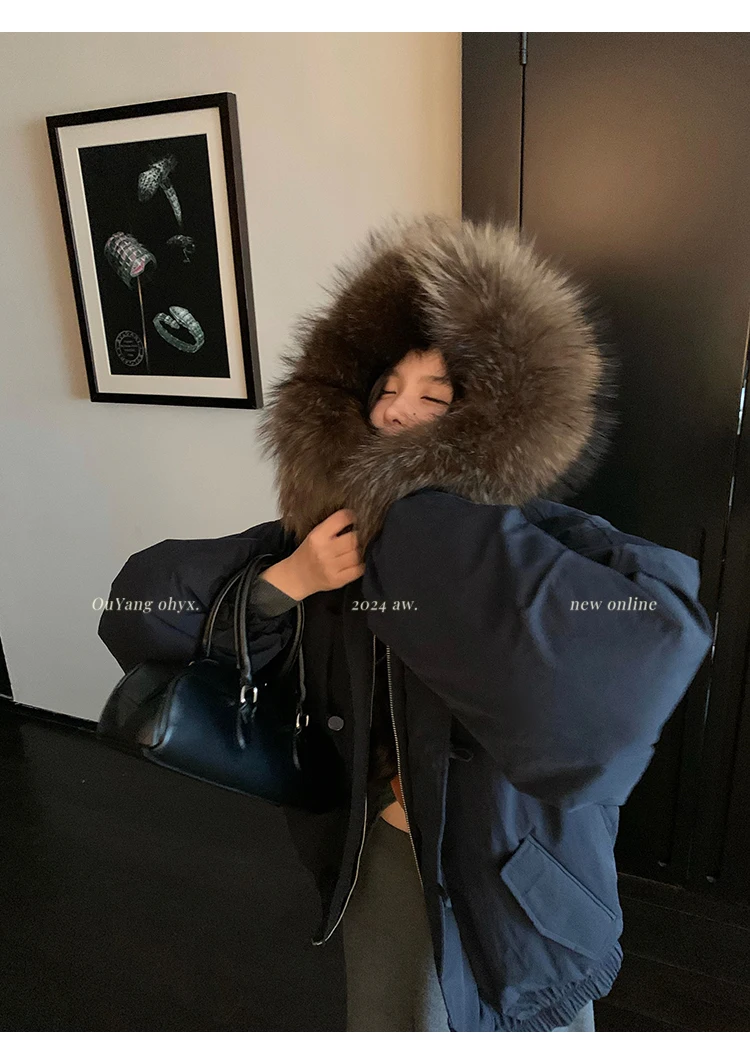 女性用ショートパーカーフード付きジャケット、ホーンボタン、フェイクファー襟、冬用暖かいワークウェアスタイルコート