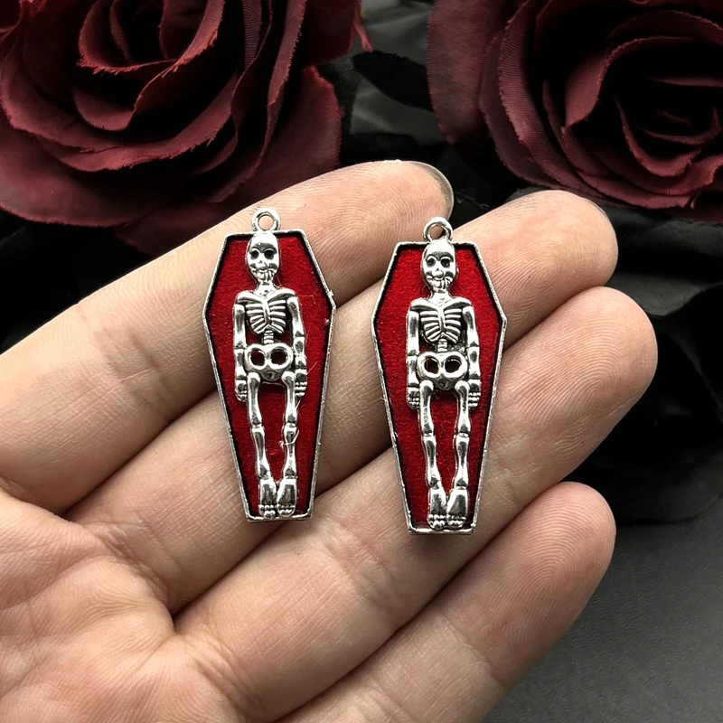 5pcs 41*18mm Gothic Skeleton Charm in Coffin,Blood Red Skeleton Charms Pendant Fit Halloween Jewelry Making DIY Jewelry Findings