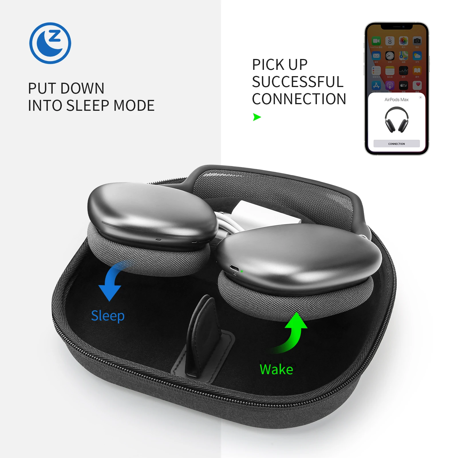 YINKE Smart Case for Apple AirPods Max with Sleep Mode Potective Convenient Carrying Travel Hard Organizer Storage Cover Bag