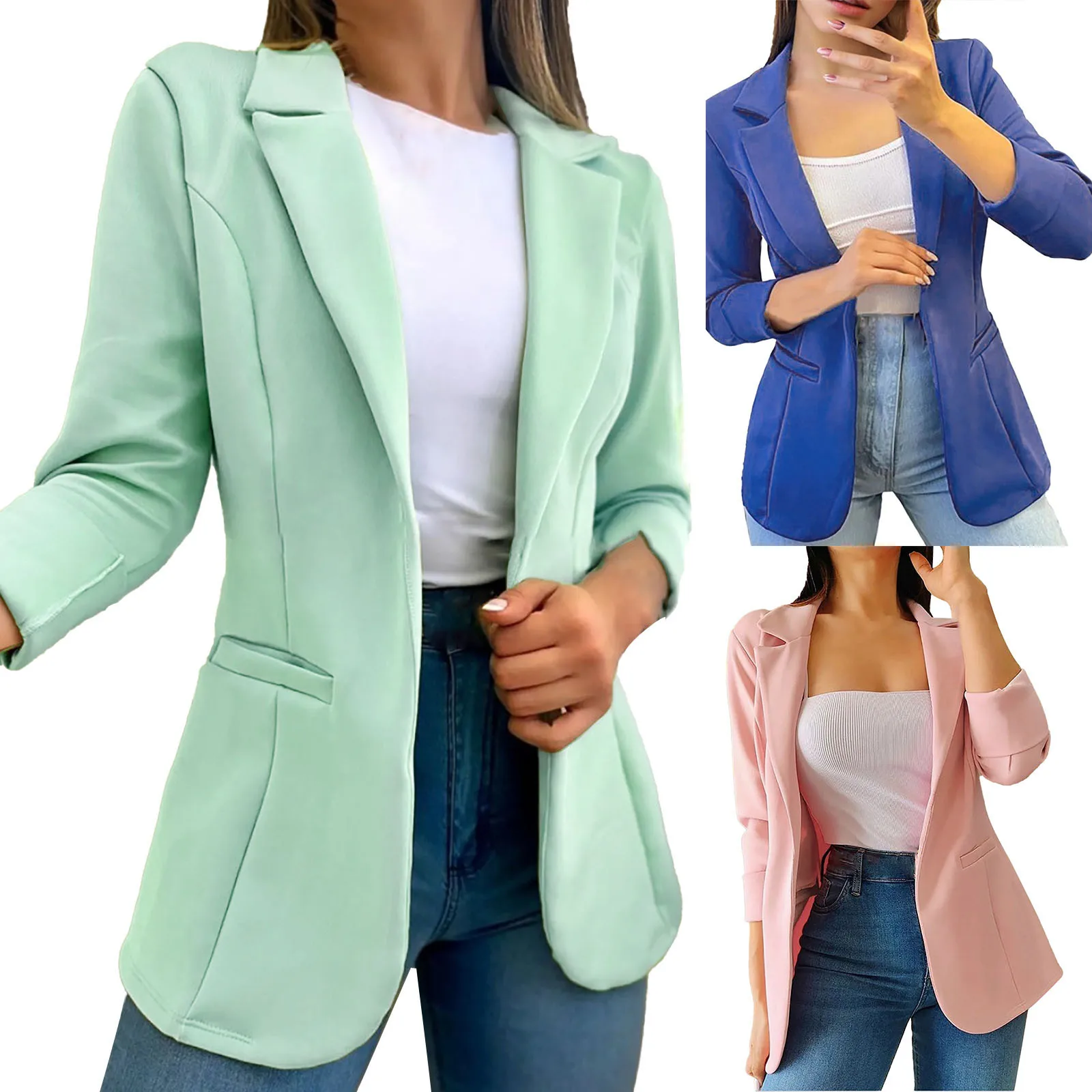 Women'S Office Elegant Pure Color Long Sleeve Coat Women Spring Autumn Casual Pocket Suit Jacket 2024 Solid Open Stitch Coats