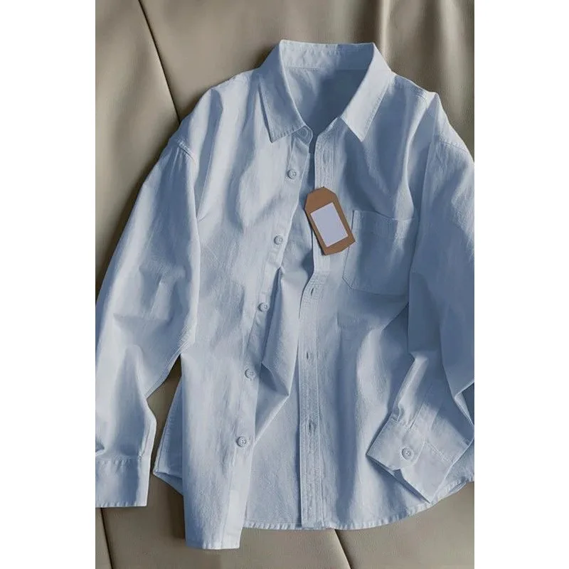 

Женская светло-голубая хлопковая рубашка с длинным рукавом на пуговицах, свободная повседневная блузка для лета, офисная рубашка для многослойных образов