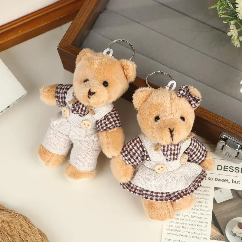 Cartoon Wear Grid Clothes Bear ＆Rabbit Plush Toy Stuffed Doll Pendant Keychain Backpack Hanging Decoration Couple Gifts