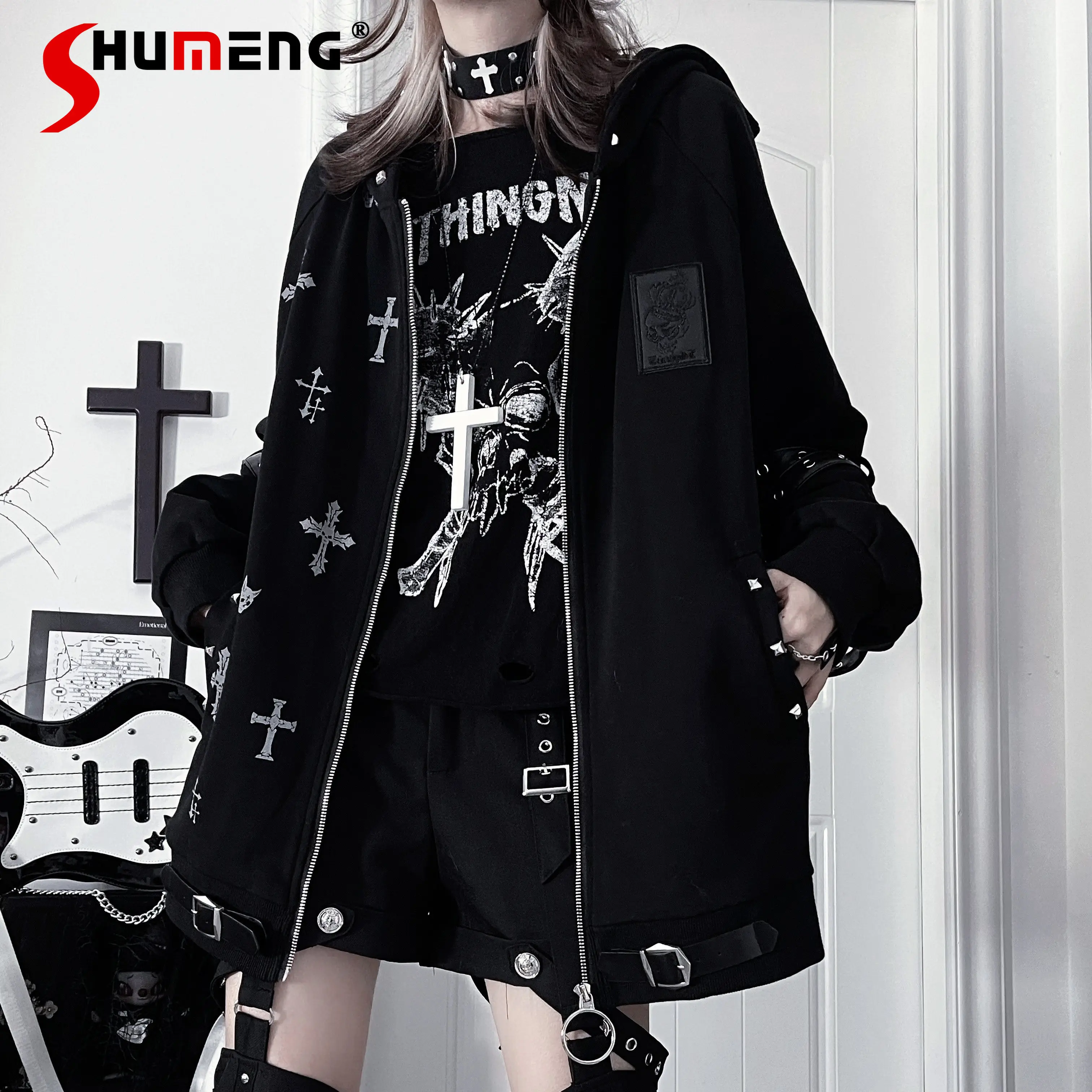 

Original Subculture Harajuku Black Loose Jacket Spring and Autumn 2026 Women's Sweet Cool Fashion Sportswear Dark Gothic Coat
