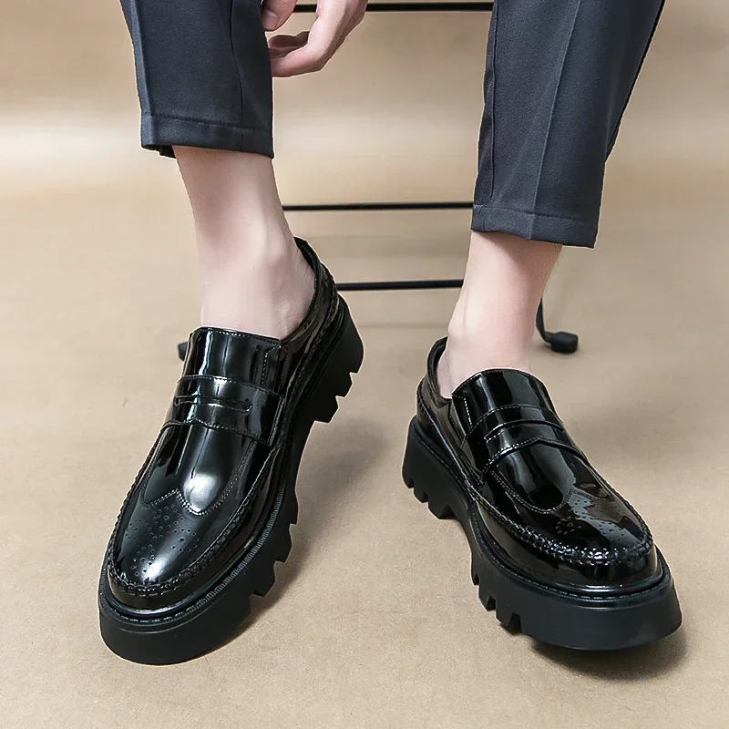 New Black Patent Leather Loafers Platform Men Shoes Round Toe Solid Slip-On Size 38-44  Mens Shoes