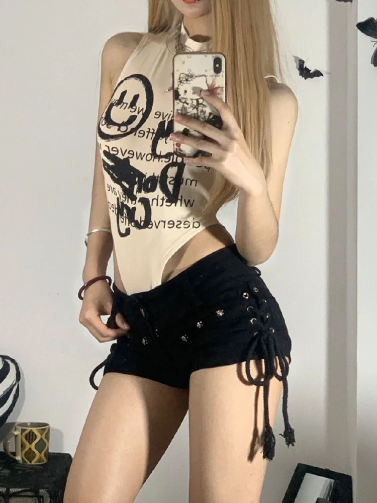 Sexy Lace-up Black Denim Shorts Women Summer Punk Style Skulls Jean Shorts Hot Girls Retro Low Waist Slim Fit Streetwear Clothes