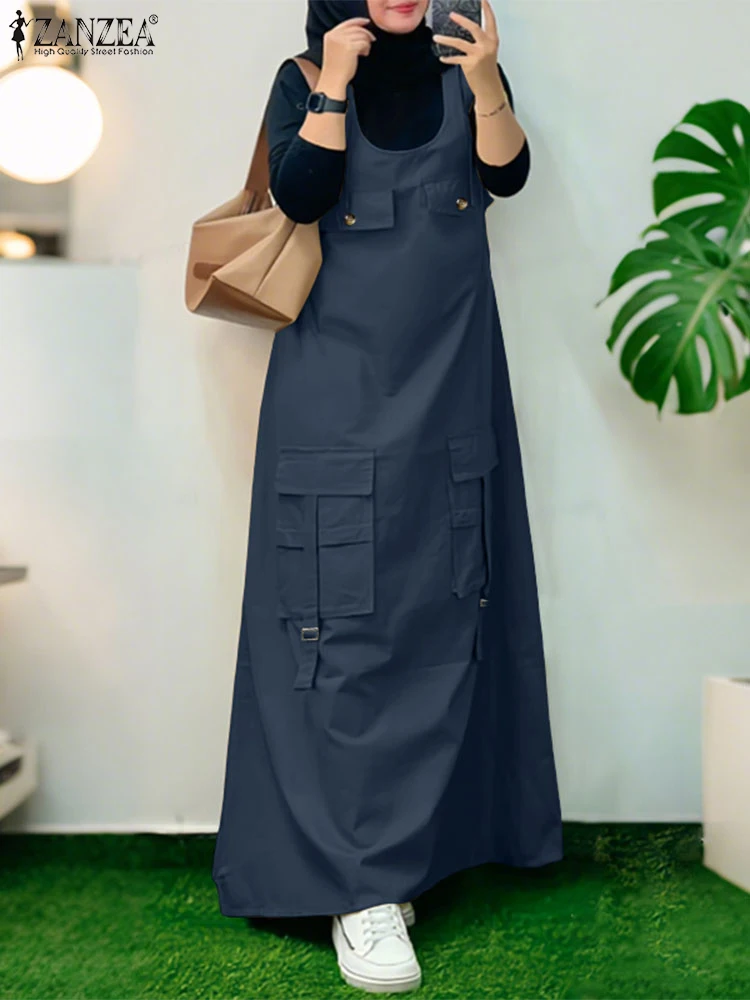 Women 2025 Summer Overalls Dress ZANZEA Muslim Abaya Robe Femme Vintage Straps Solid Long Dress IsIamic Clothing Vestidos Kaftan