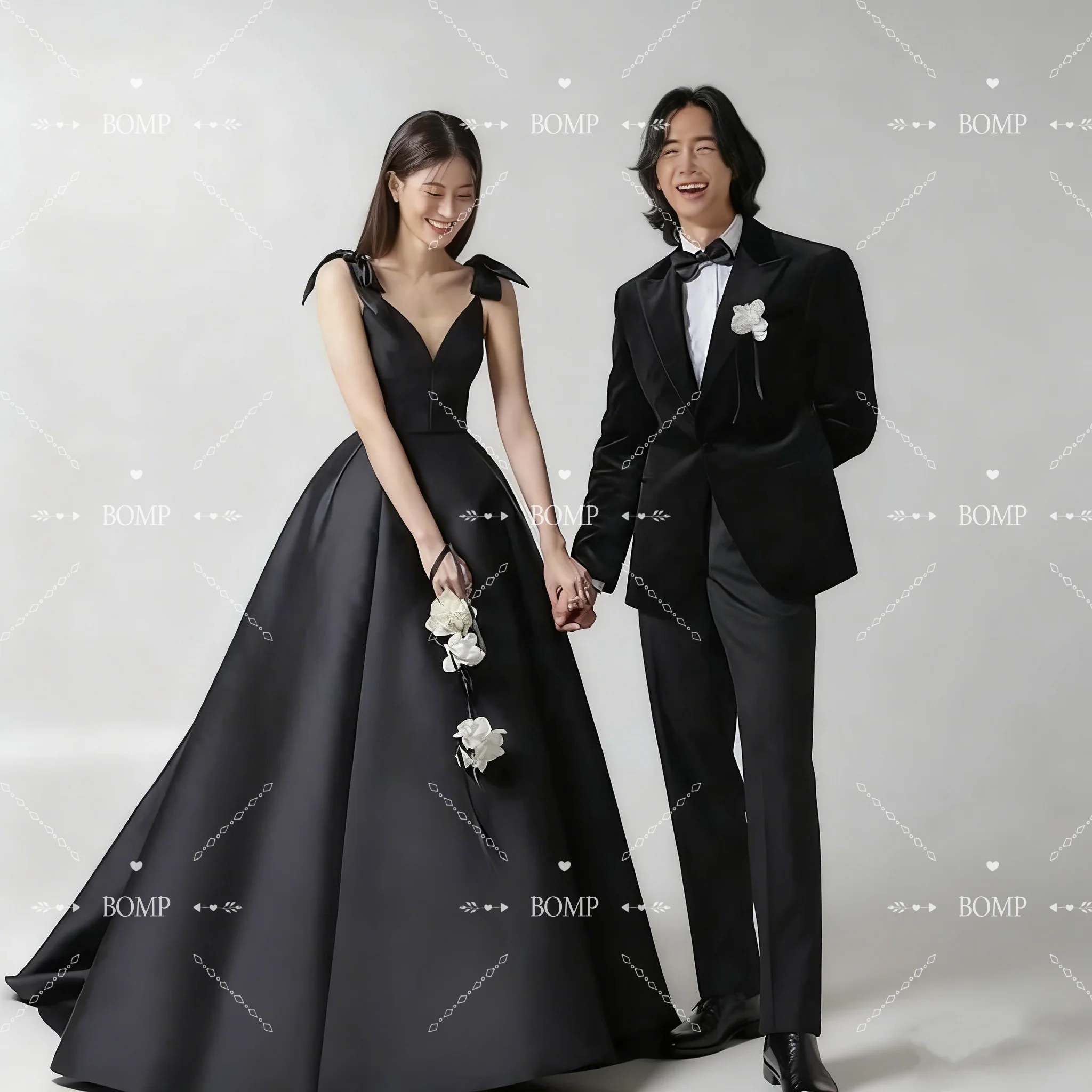 BOMP 모던 블랙 웨딩 파티 이브닝 드레스 A라인 맞춤형 스파게티 스트랩 포멀 프롬 가운 새틴 웨딩 사진 촬영용