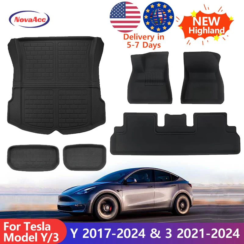 NovaAcc Floor Mats for Tesla Model 3 2021-2024 Highland Model Y 2017-2024 Custom Fit All Weather Cargo Liner Trunk Accessories