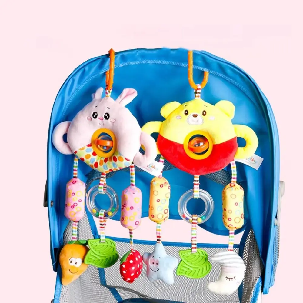 Soft Plush Sensory Stroller Hanging Pendants with C Clip Teether Baby Development Handle Toys Rotate Ringing Beads