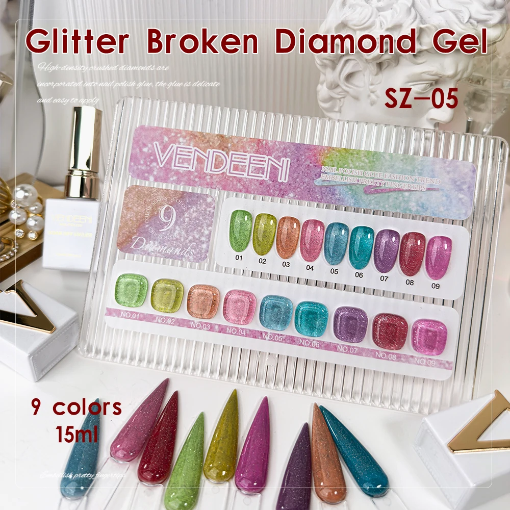 

Vendeeni 9 Colors Macaron Glitter Broken Diamond Gel Nail Polish Soak Off UV DIY Sparkling Neon Varnish For Manicure Nail Art