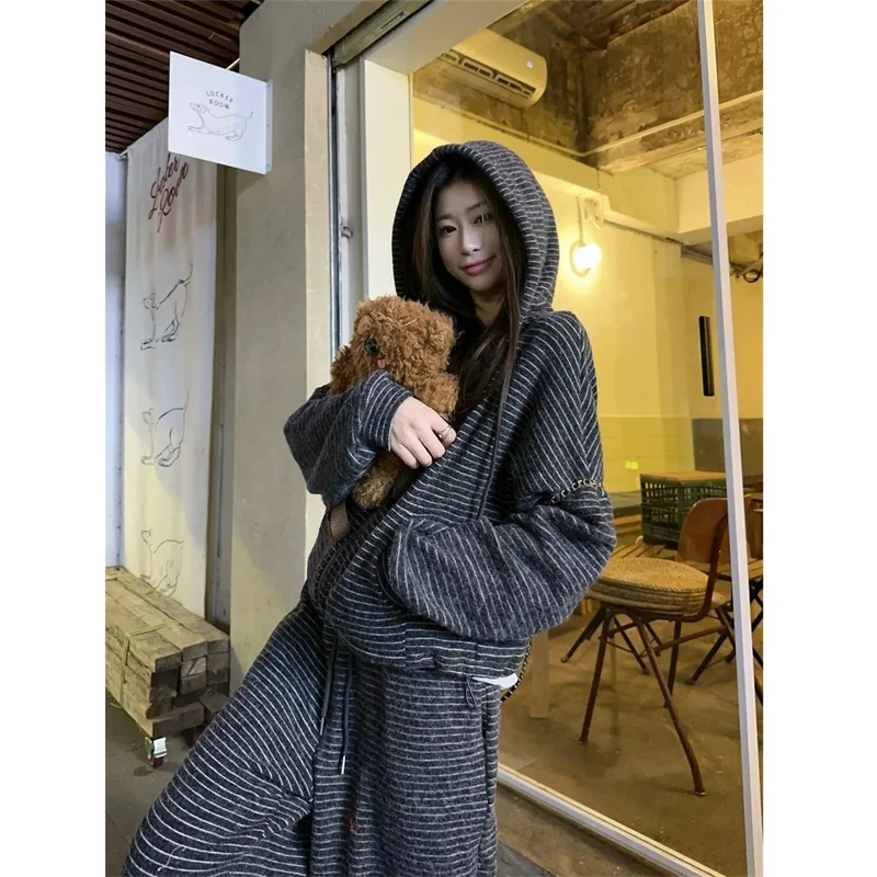 

Lazy Style Fashion Casual Relaxation Stripe Set for Women 2025 Spring Autumn Zipper Hoodie Loose Straight Pants Two Piece Set WF