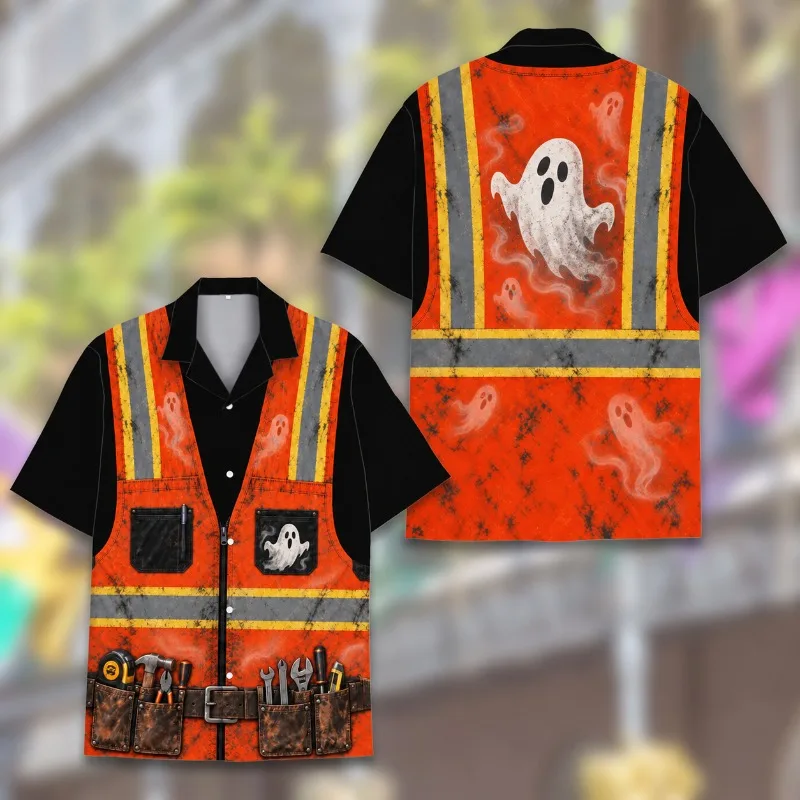 Men's Halloween Construction Worker Shirt 3D Print Safety Vest Costume Short Sleeve Workwear Tool Belt Pumpkin Party Top