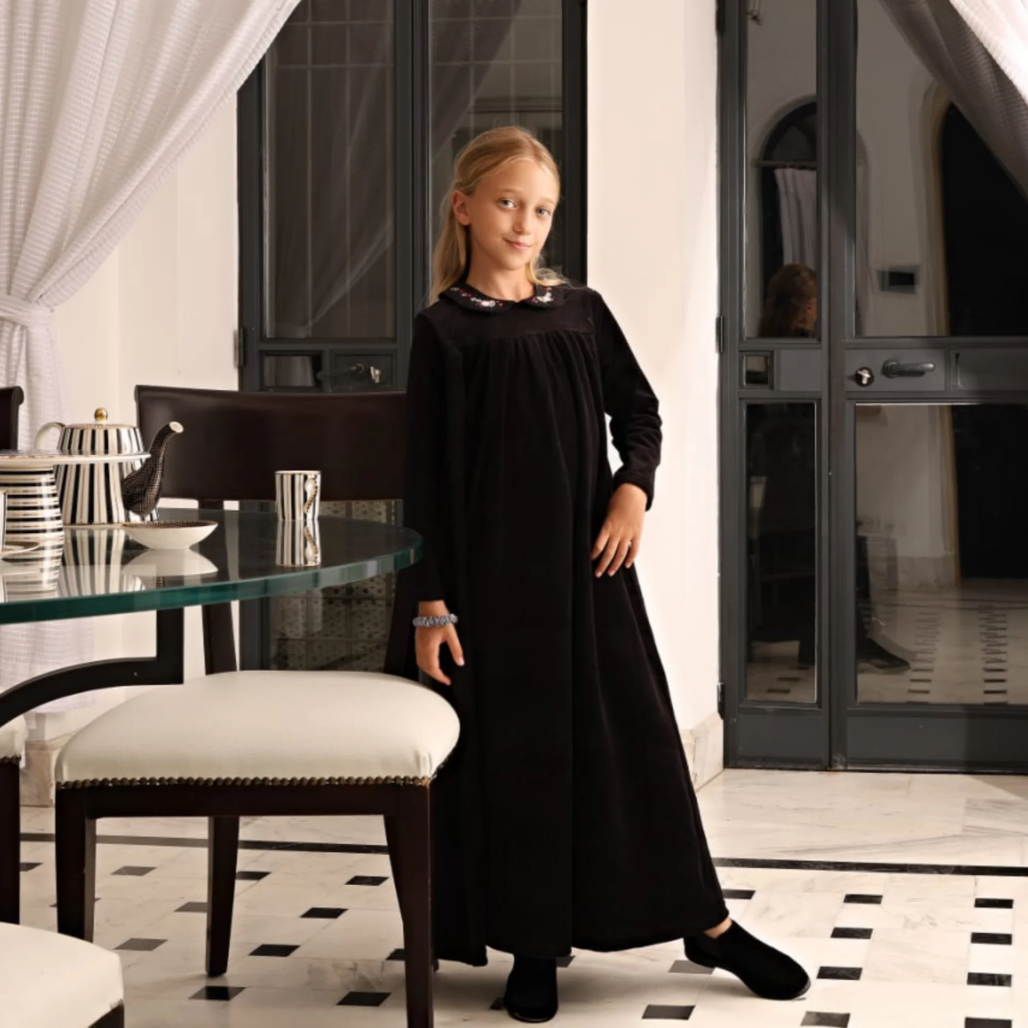2025 Mail's Kids Velvet Clothes Sister Matching Outfits Boutique Embroidery Collar Teens Long Dress Baby Girl Velour Sets