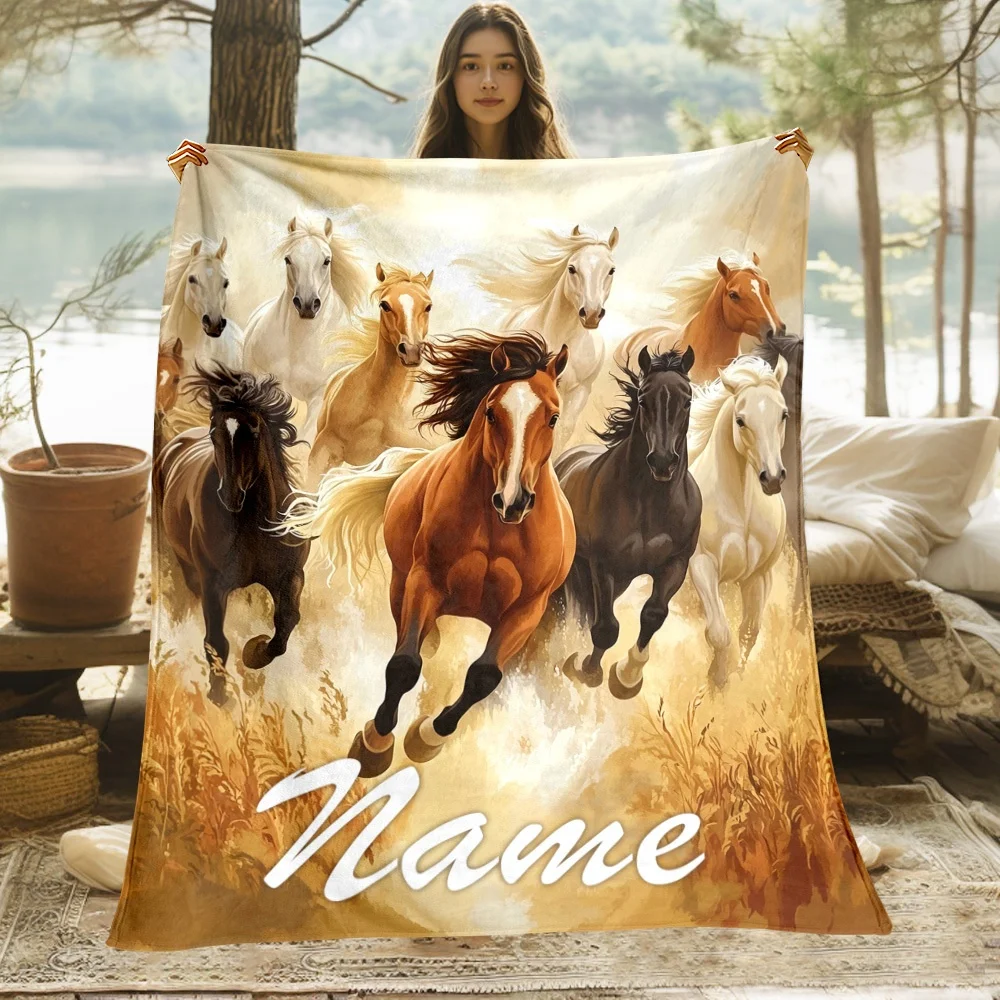 1Pc Running Horses Pattern Custom Name/Text Flannel Blanket, Soft and Comfortable, Suitable for Office, Home, Holiday Gift ﻿