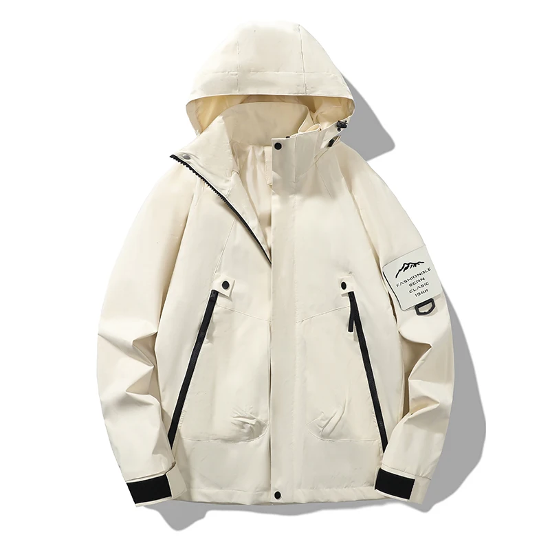 Men's Waterproof Hiking Jacket, Hooded Windbreaker with Arm Patch, Outdoor Windproof Rain Coat