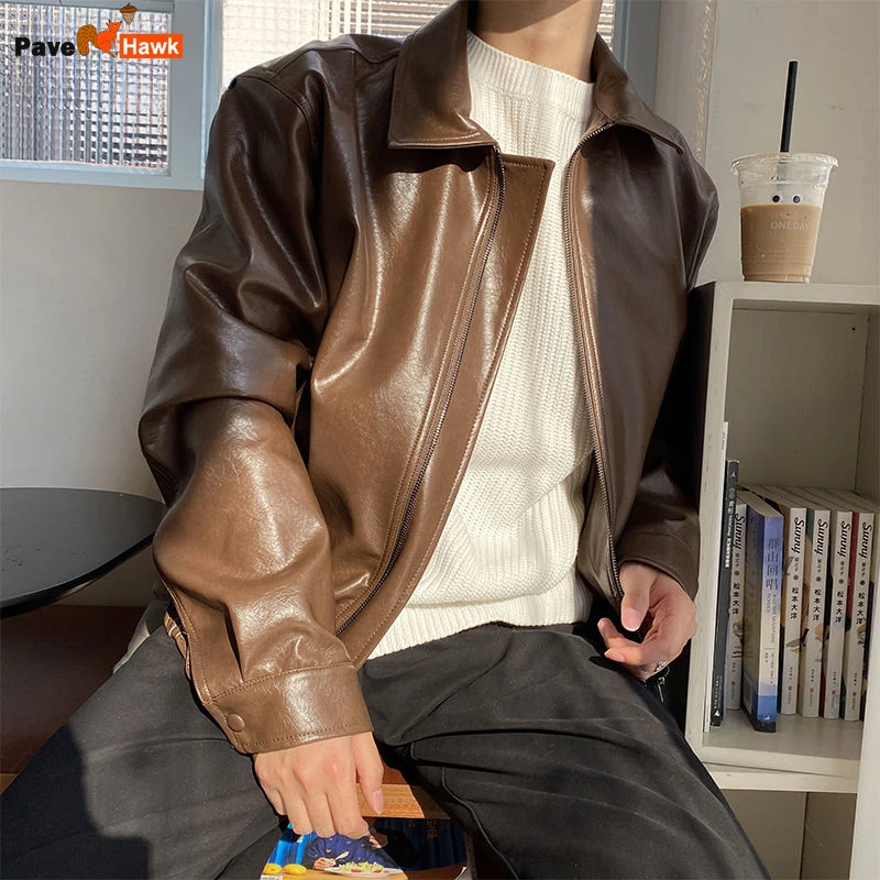 

Men's Cropped Leather Jacket Korean Spring Loose Casual Double Zipper Casual Autumn Motorcycle Retro Style Streetwear Pu Coat