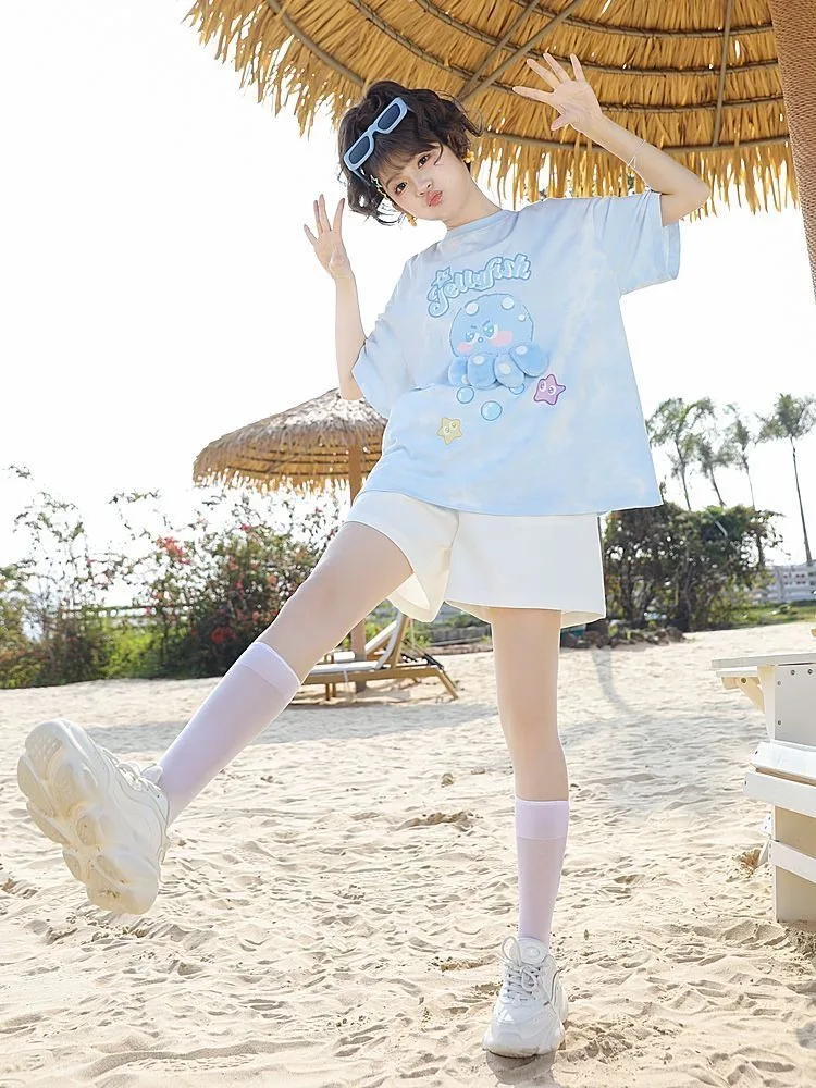 ADAgirl Kawaii Print T Shirt Sweet Blue Jellyfish Pattern Tees Summer Y2k Graphic Crop Tops Japan Cute Aesthetic Women Clothes